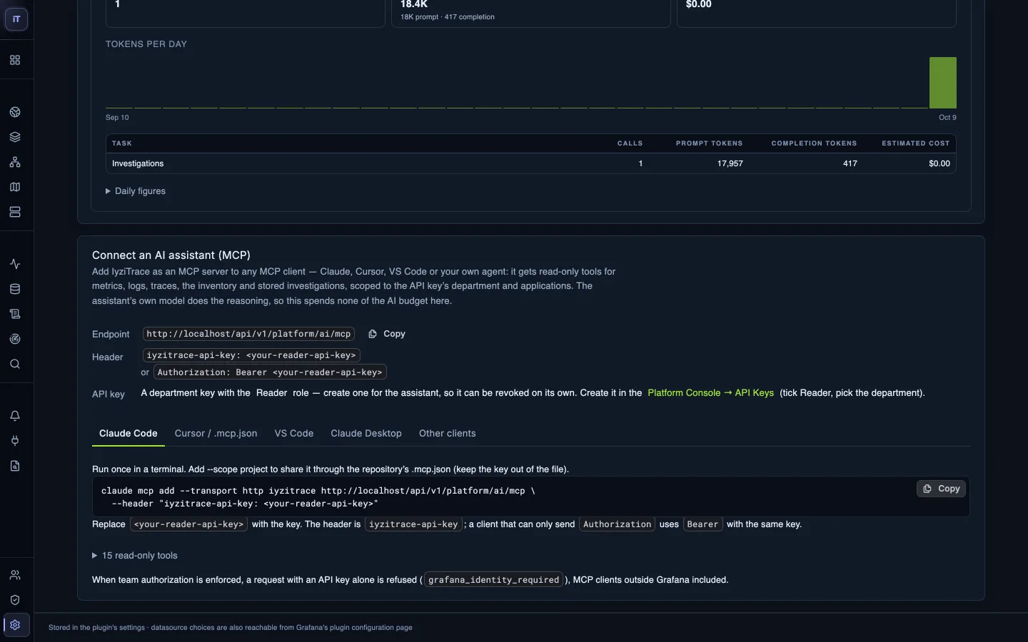 The MCP setup screen for connecting an AI assistant to IyziTrace